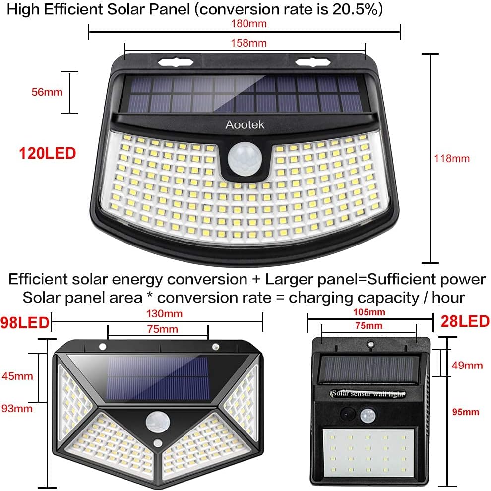 Aootek New Solar Lights 120 LEDs with Lights Reflector,270° Wide Angle, IP65 Waterproof, Easy-to-Install Security Lights for Front Door, Yard, Garage, Deck (4 Pack)