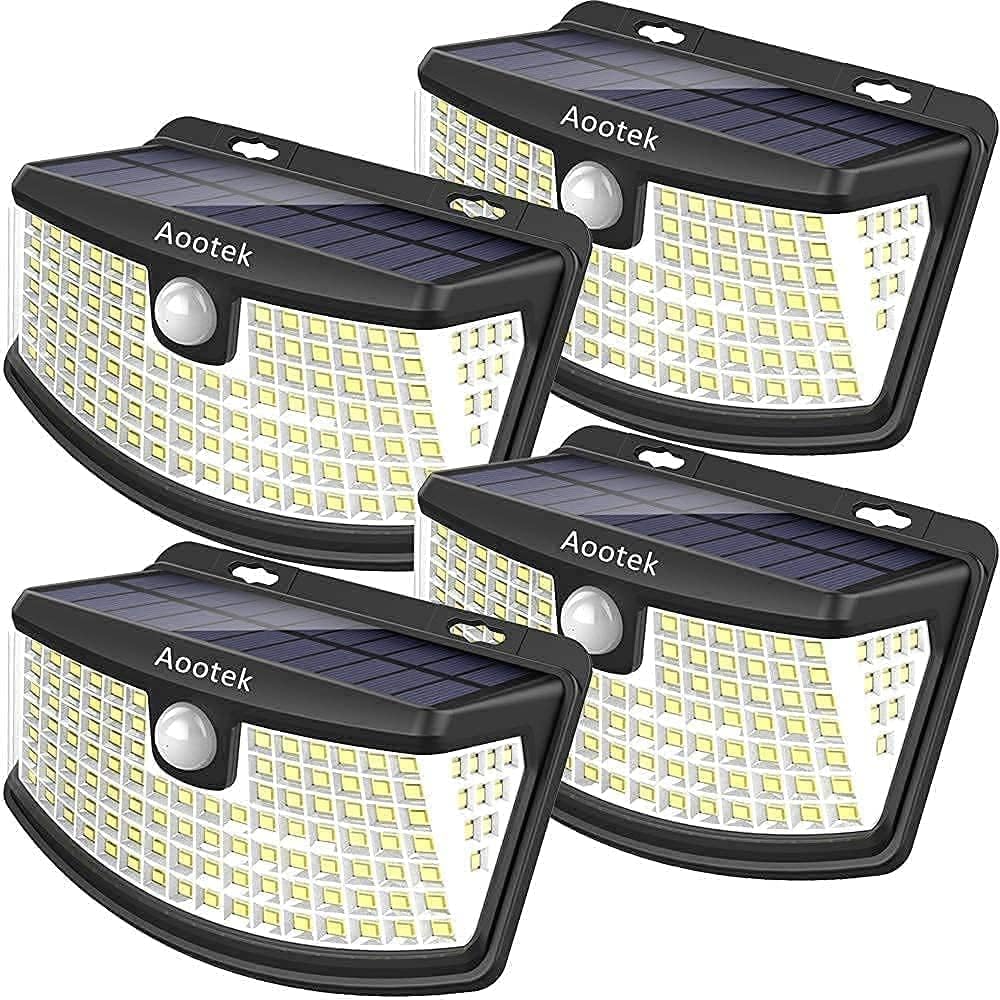 Aootek New Solar Lights 120 LEDs with Lights Reflector,270° Wide Angle, IP65 Waterproof, Easy-to-Install Security Lights for Front Door, Yard, Garage, Deck (4 Pack)