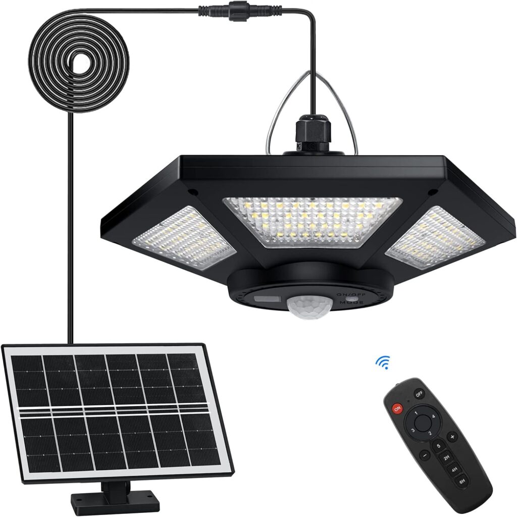 Aqonsie Solar Shed Light Indoor Outdoor Solar Powered Pendant Daytime Work Lights with 5 Lighting Modes  3 Timers, 180LED Solar Indoor Lights Motion Sensor with Remote Control for Shed Barn Garage