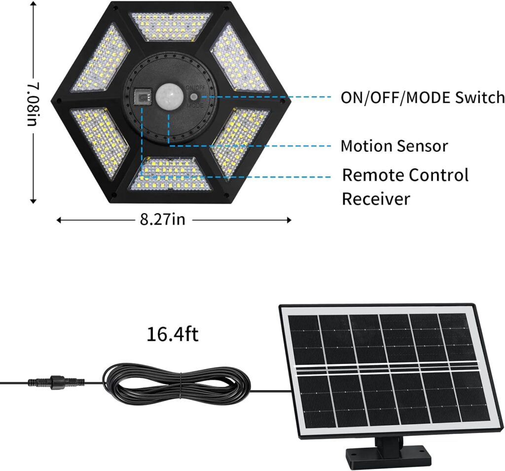 Aqonsie Solar Shed Light Indoor Outdoor Solar Powered Pendant Daytime Work Lights with 5 Lighting Modes  3 Timers, 180LED Solar Indoor Lights Motion Sensor with Remote Control for Shed Barn Garage