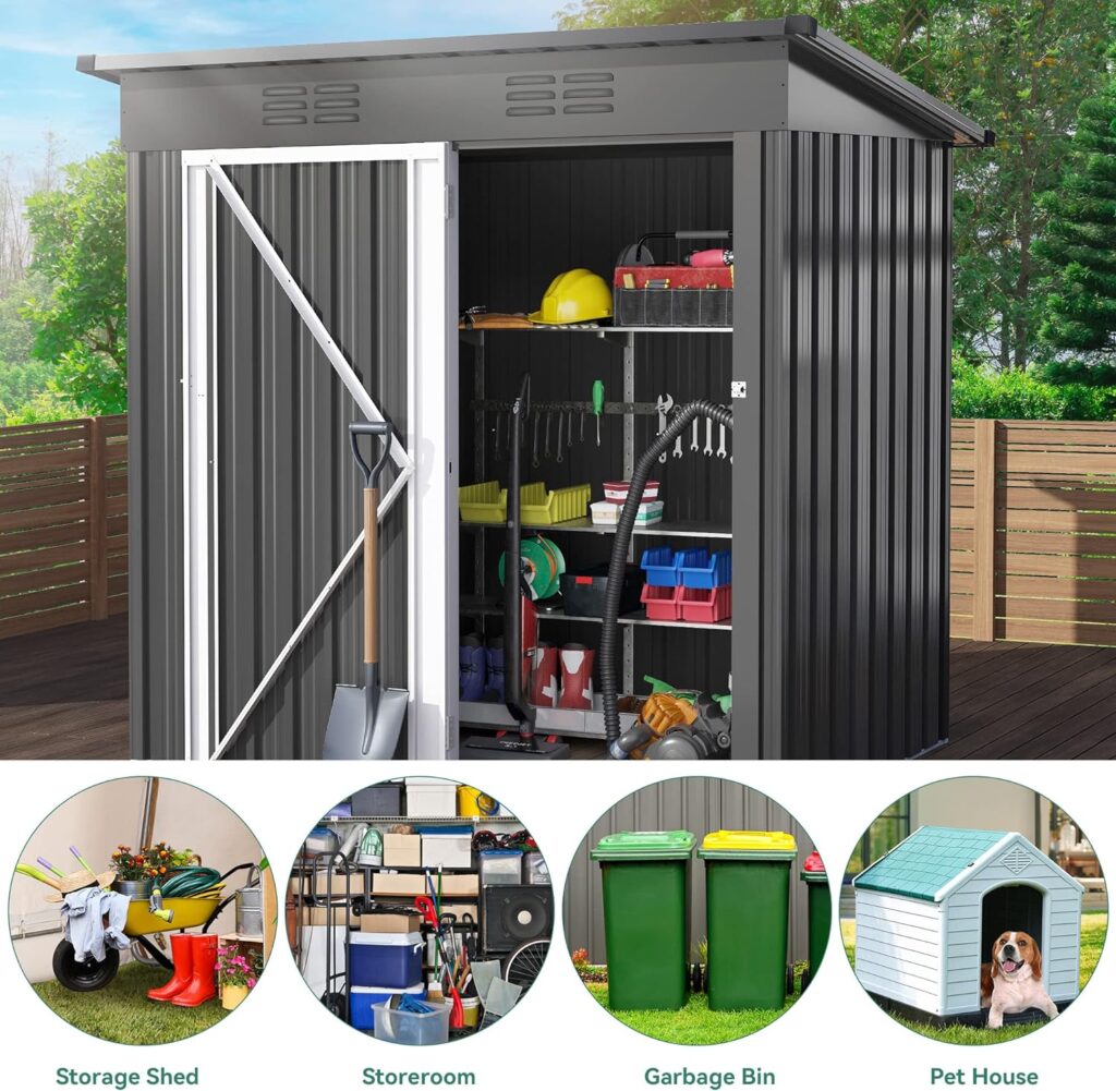 DWVO 6 x 4 Outdoor Storage Shed, Large Metal Tool Sheds, Heavy Duty Storage House with Lockable Doors  Air Vent for Backyard Patio Lawn to Store Bikes, Tools, Lawnmowers,Dark Gray