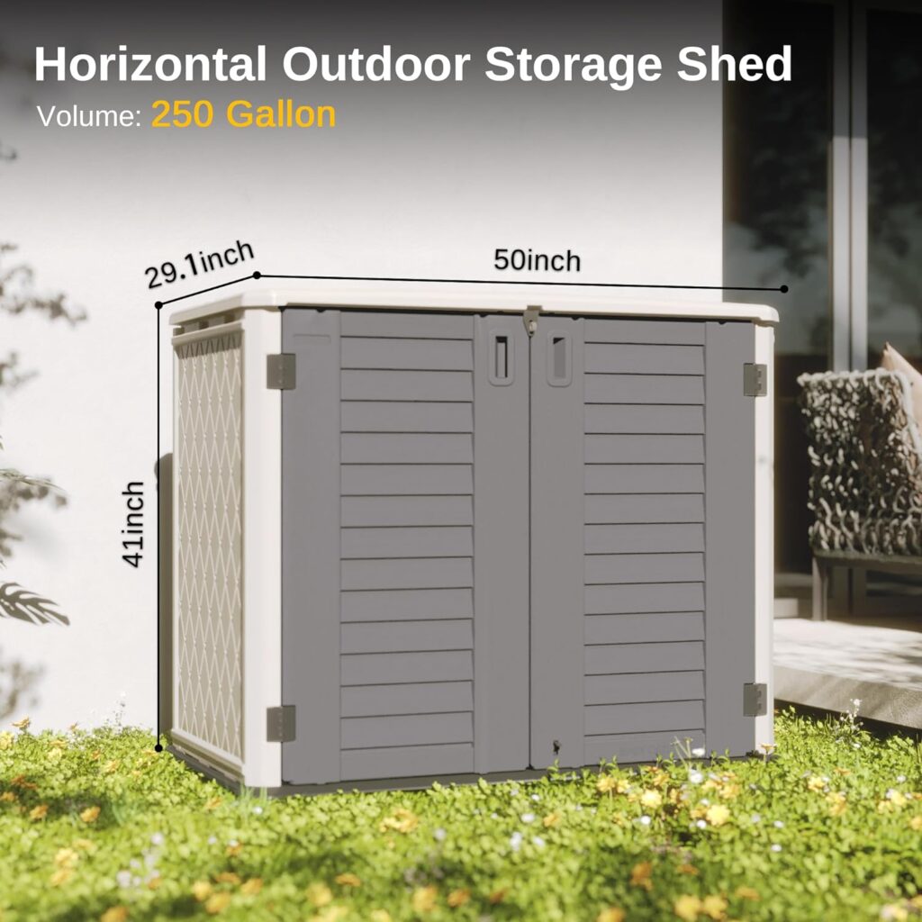 EAST OAK Outdoor Storage Shed, 4 x 3.4 FT Outdoor Storage Cabinet w/o Shelf, 34Cu.ft Horizontal Resin Tool Shed for Garden, Trash Cans, All-Weather Outdoor Storage Clearance, Lockable with Floor