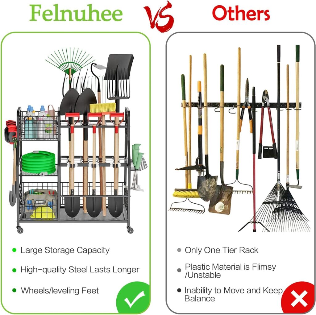 Felnuhee Garden Tool Organizer for Garage, 3 Tier Utility Yard Tool Organizer and Storage Holder with Wheels, Large Garden Tool Rack with Extra Storage Basket for Garden/Shed/Garage/Yard/Basement/Lawn