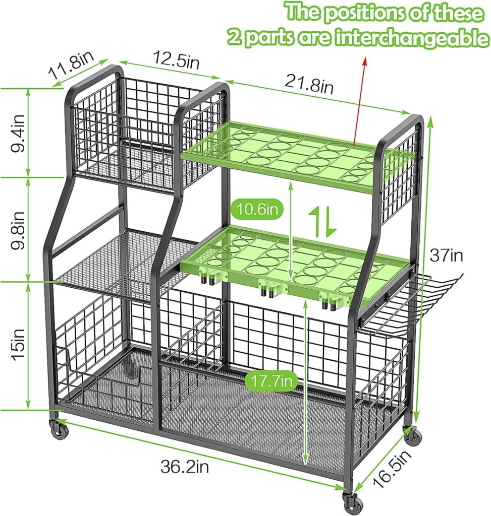 Felnuhee Garden Tool Organizer for Garage, 3 Tier Utility Yard Tool Organizer and Storage Holder with Wheels, Large Garden Tool Rack with Extra Storage Basket for Garden/Shed/Garage/Yard/Basement/Lawn