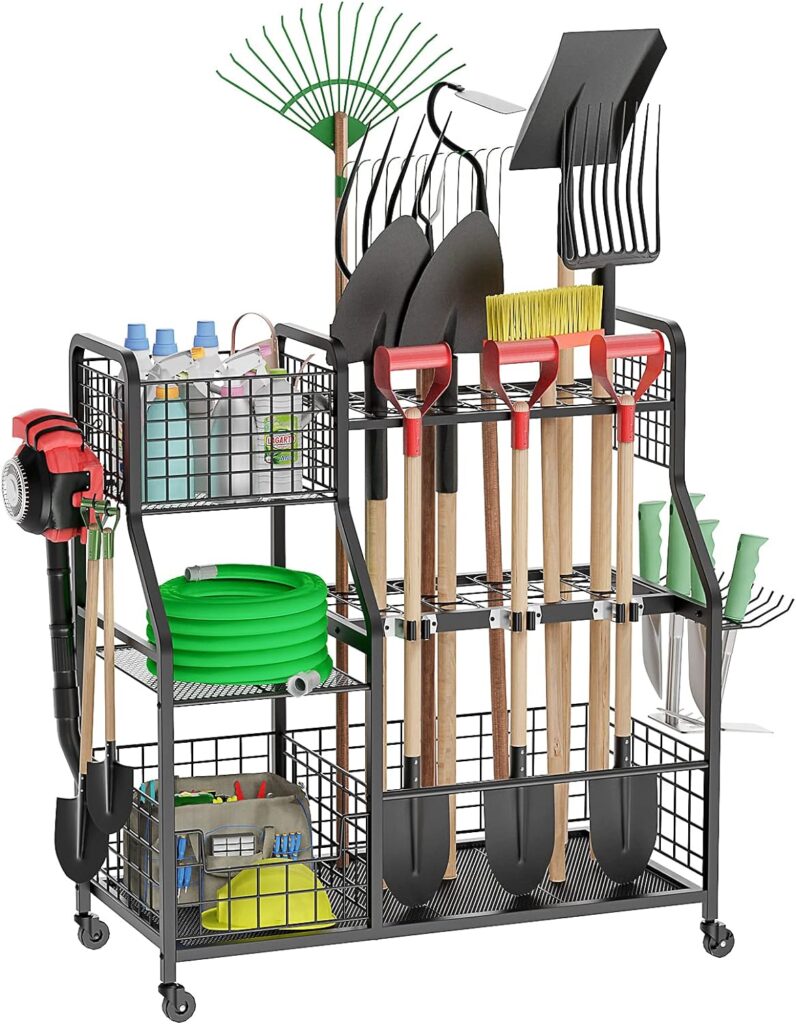 Felnuhee Garden Tool Organizer for Garage, 3 Tier Utility Yard Tool Organizer and Storage Holder with Wheels, Large Garden Tool Rack with Extra Storage Basket for Garden/Shed/Garage/Yard/Basement/Lawn