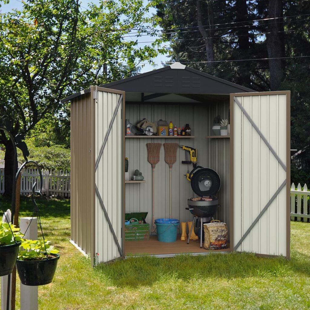 Flamaker Storage Shed Waterproof Metal Garden Shed with Lockable Door Utility Tool Shed Outdoor Storage for Backyard, Patio and Lawn (5 x 3 FT, Brown)