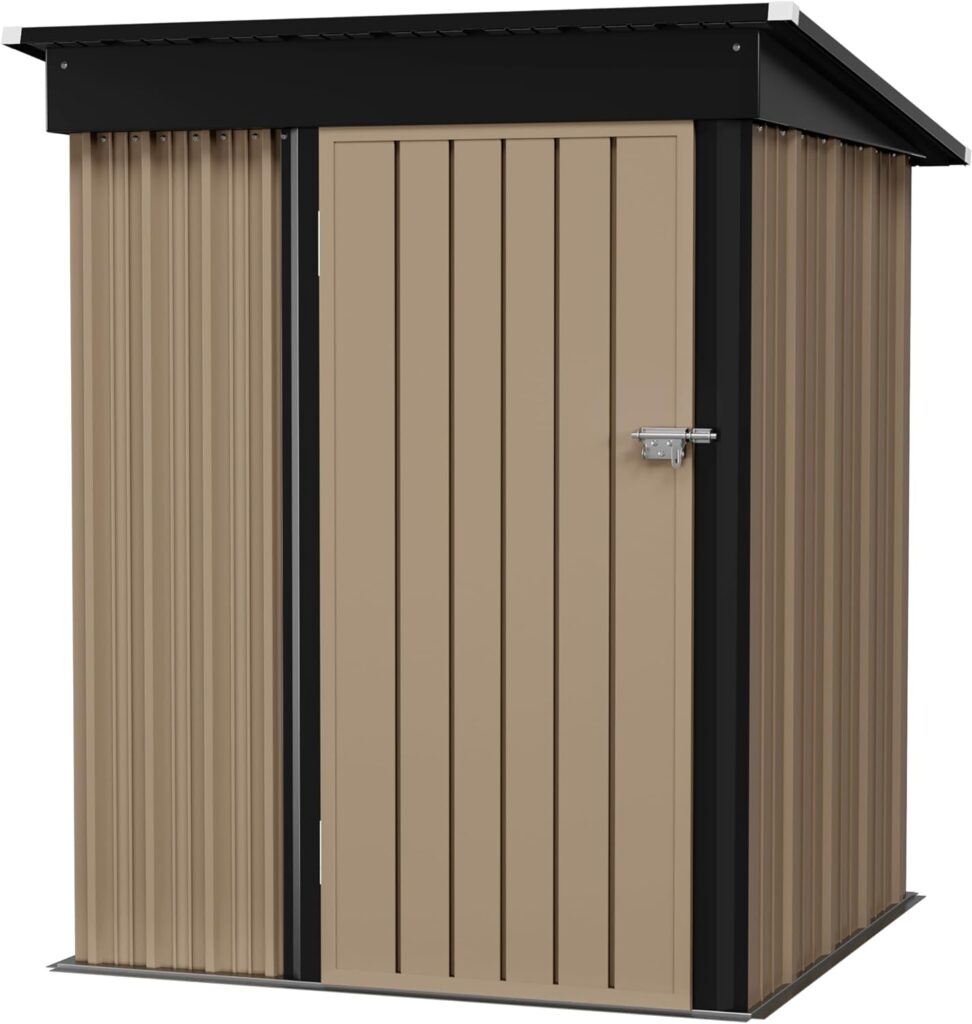 Flamaker Storage Shed Waterproof Metal Garden Shed with Lockable Door Utility Tool Shed Outdoor Storage for Backyard, Patio and Lawn (5 x 3 FT, Brown)