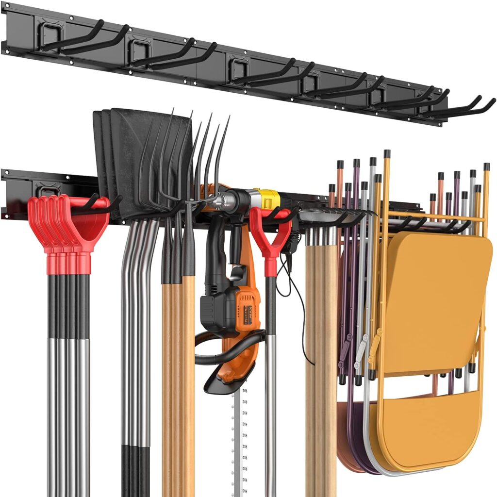 Garage Tool Storage Organizers Wall Mounted with 6 Removable Hooks and 3 Board, Super Heavy Duty Powder Coated Steel Garden Tool Hanger Rack for Chair, Broom, Mop, Rake Shovel  Tools : Tools  Home Improvement