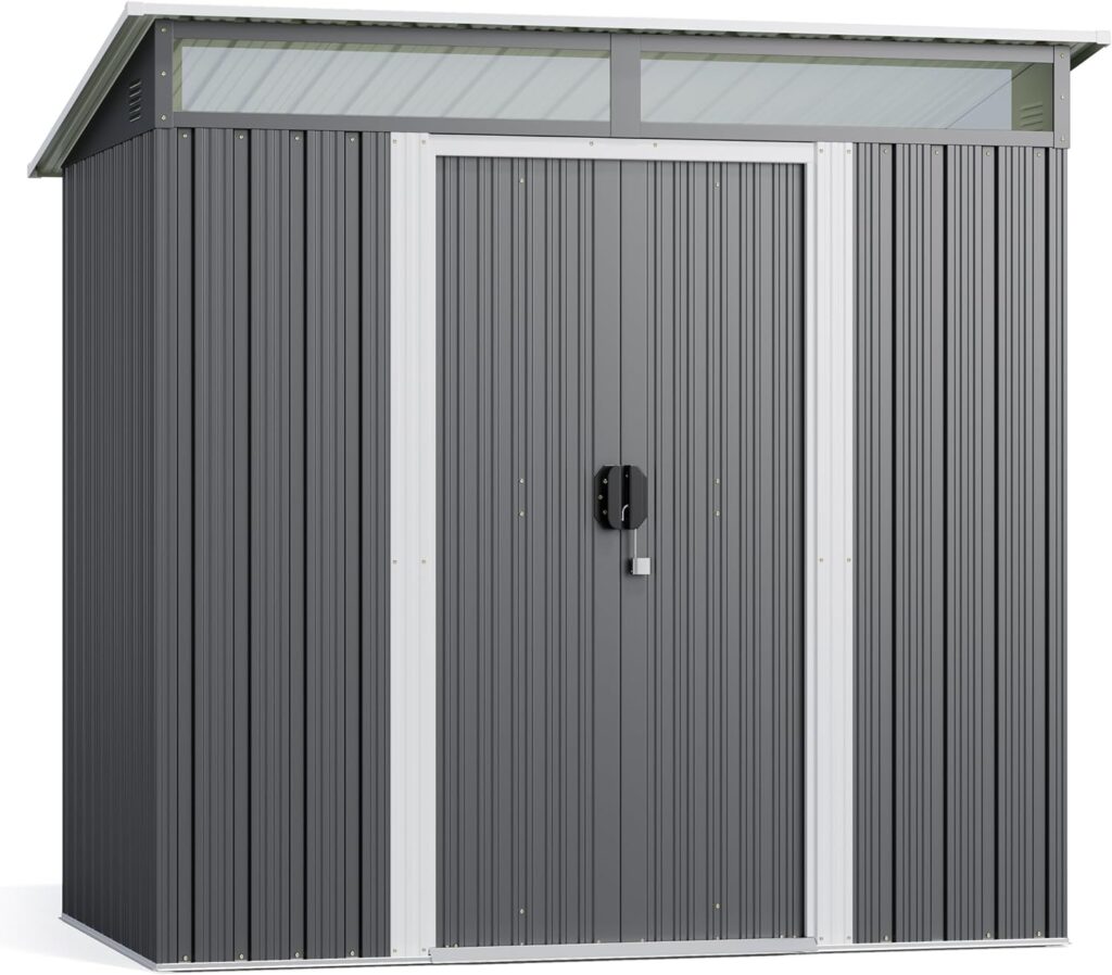 Gizoon 6 x 4 Outdoor Storage Shed with Sliding Doors, Versatile Metal Garden Shed with Anchors, Tool Shed with Transparent Panel Windows, Outdoor Storage Clearance for Backyard, Patio, Dark Gray