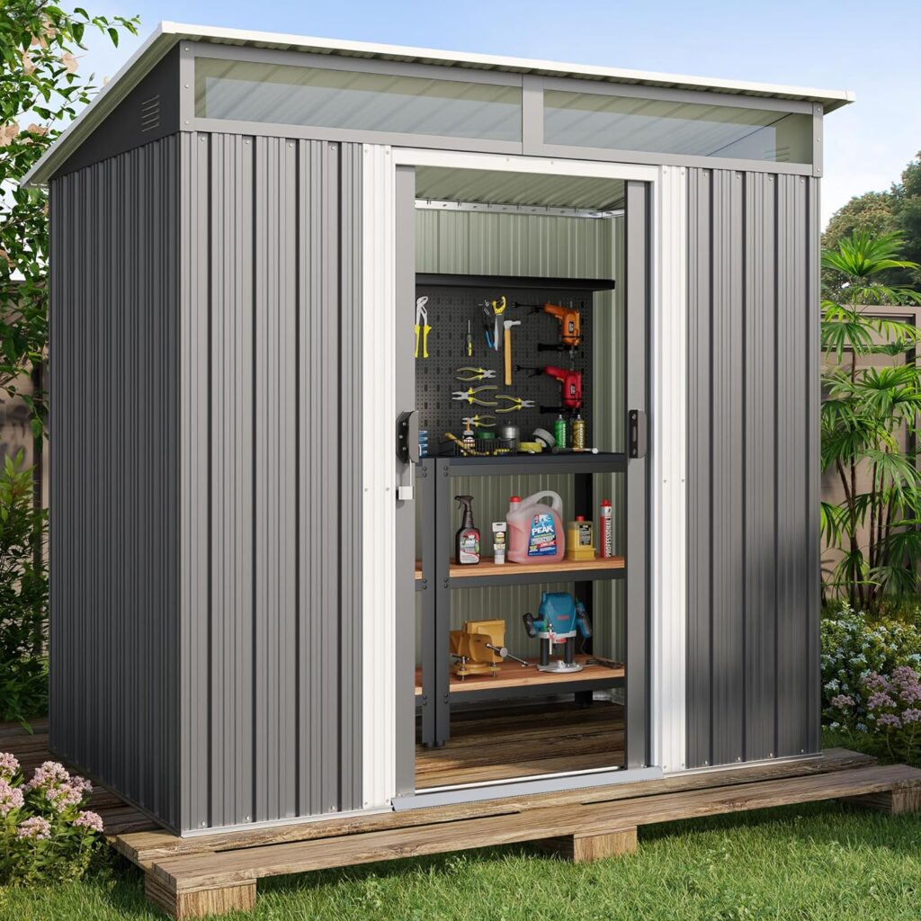 Gizoon 6 x 4 Outdoor Storage Shed with Sliding Doors, Versatile Metal Garden Shed with Anchors, Tool Shed with Transparent Panel Windows, Outdoor Storage Clearance for Backyard, Patio, Dark Gray