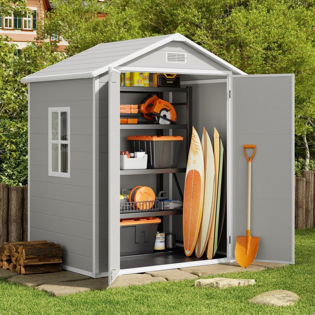 Gizoon 6x4.4 ft Outdoor Plastic Storage Shed, Reinforced Floor, Colorfast, Double Lockable Doors, All-Weather, Ideal for Storing Outdoor Tools