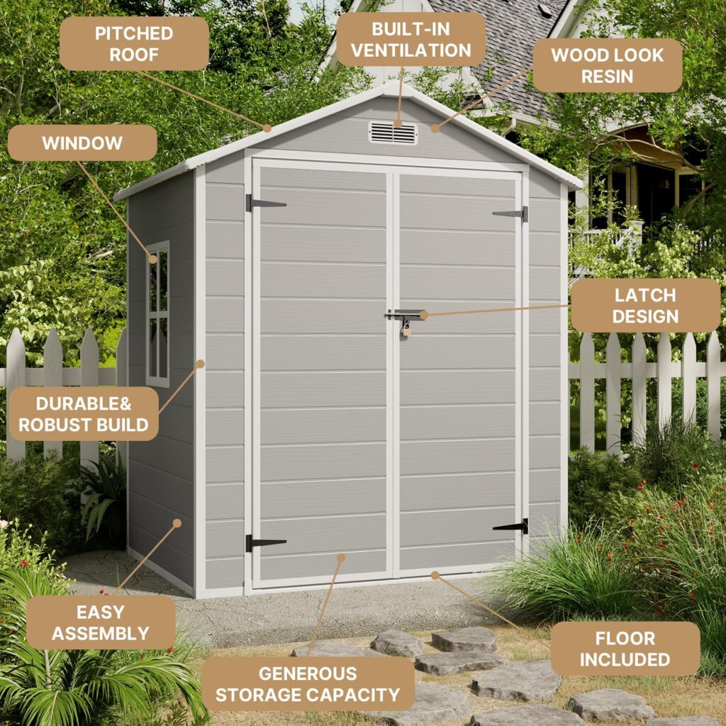 Gizoon Outdoor Resin Storage Shed, 6 x 4 ft, Reinforced Floor, Double Lockable Doors, All-Weather, Colorfast - Ideal for Storing Outdoor Furniture