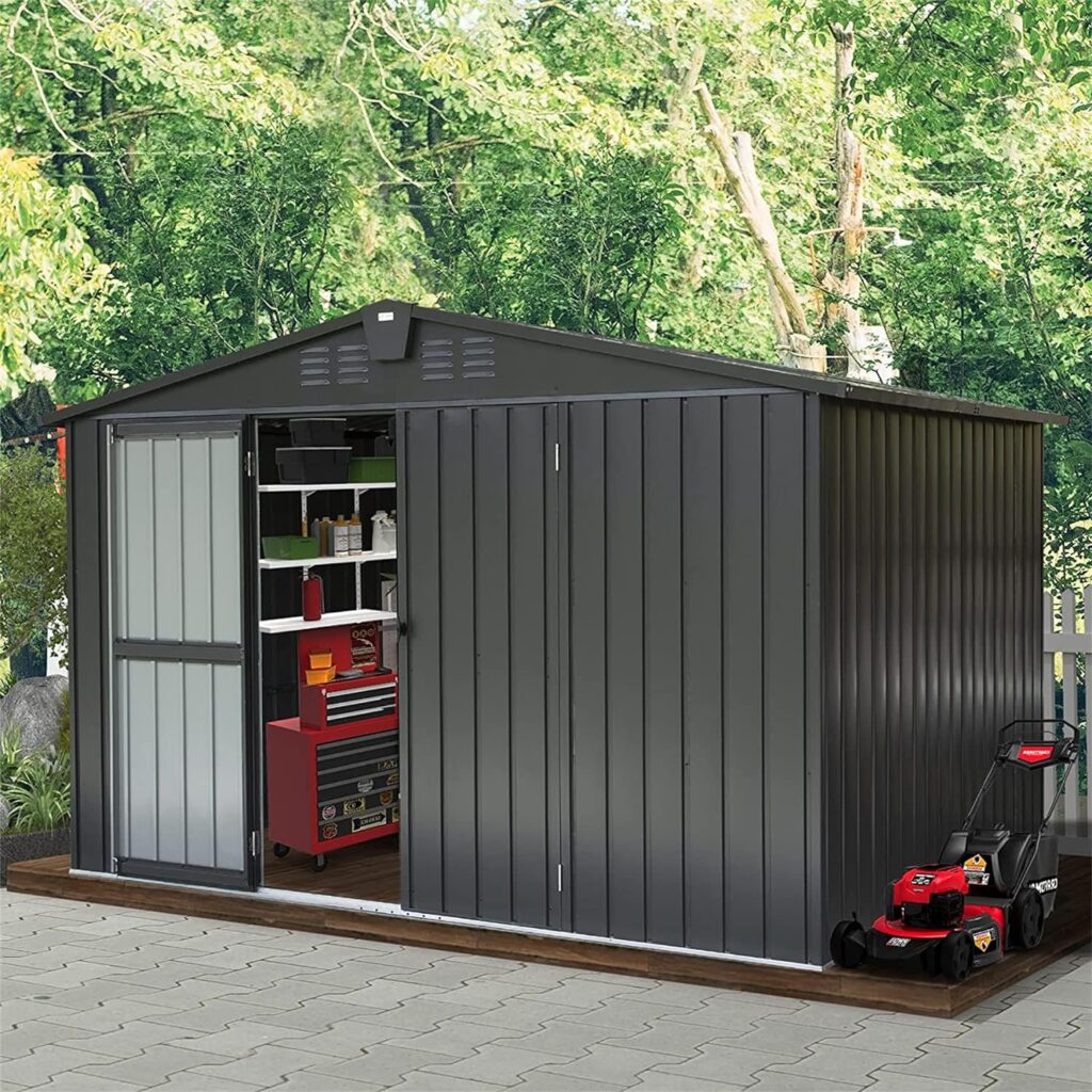 Goohome Sheds  Outdoor Storage, 10ftx8ft Metal Outside Garden Storage Shed Galvanized Steel w/Lockable Door, Punched Vents, Spacious Roof Design House Garden Tool Storage Shed for Backyard, Bike Shed