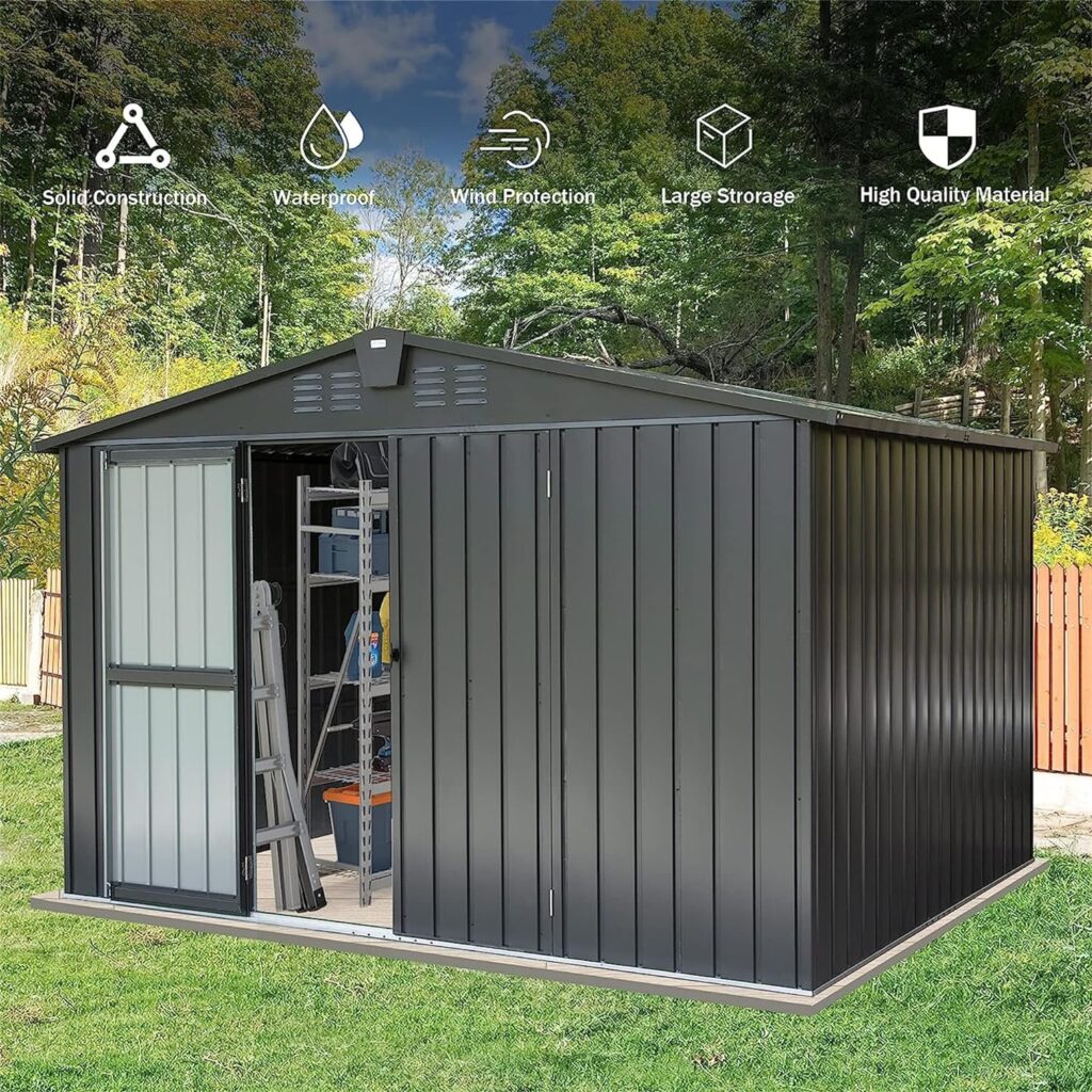 Goohome Sheds  Outdoor Storage, 10ftx8ft Metal Outside Garden Storage Shed Galvanized Steel w/Lockable Door, Punched Vents, Spacious Roof Design House Garden Tool Storage Shed for Backyard, Bike Shed