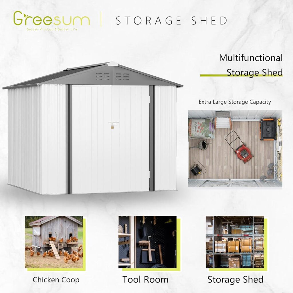 Greesum Metal Outdoor Storage Shed 8FT x 6FT, Steel Utility Tool Shed Storage House with Door  Lock, Metal Sheds Outdoor Storage for Backyard Garden Patio Lawn, White