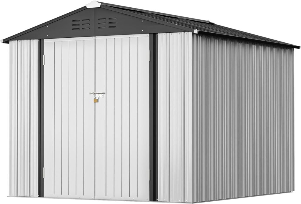 Greesum Metal Outdoor Storage Shed 8FT x 6FT, Steel Utility Tool Shed Storage House with Door  Lock, Metal Sheds Outdoor Storage for Backyard Garden Patio Lawn, White