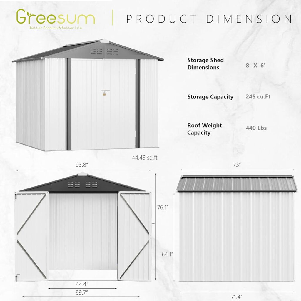 Greesum Metal Outdoor Storage Shed 8FT x 6FT, Steel Utility Tool Shed Storage House with Door  Lock, Metal Sheds Outdoor Storage for Backyard Garden Patio Lawn, White