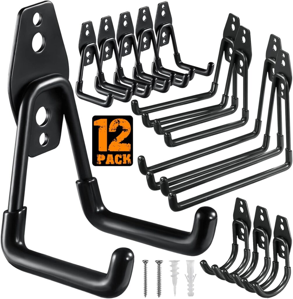 HUPBIPY 12 Pack Garage Hooks Heavy Duty,Utility Steel Garage Storage Hooks,Wall Mount Garage HangerOrganizer for Organizing Power Tools,Ladders,Bulk Items,Bikes,Ropes and More Equipment