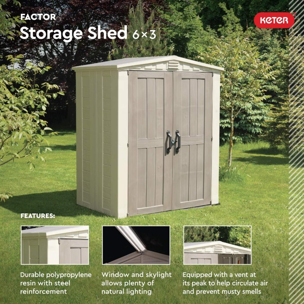 Keter Factor 6x3 Outdoor Storage Shed Kit-Perfect to Store Patio Furniture, Garden Tools, Bike Accessories, Beach Chairs and Push Lawn Mower, Taupe  Brown