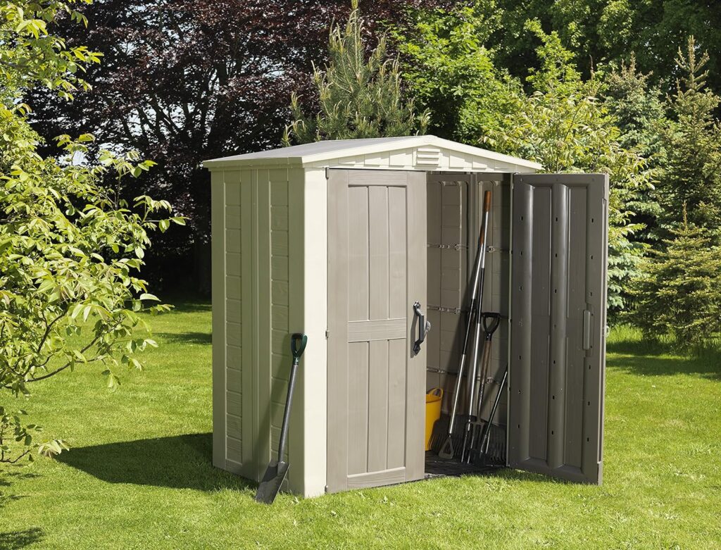 Keter Factor 6x3 Outdoor Storage Shed Kit-Perfect to Store Patio Furniture, Garden Tools, Bike Accessories, Beach Chairs and Push Lawn Mower, Taupe  Brown