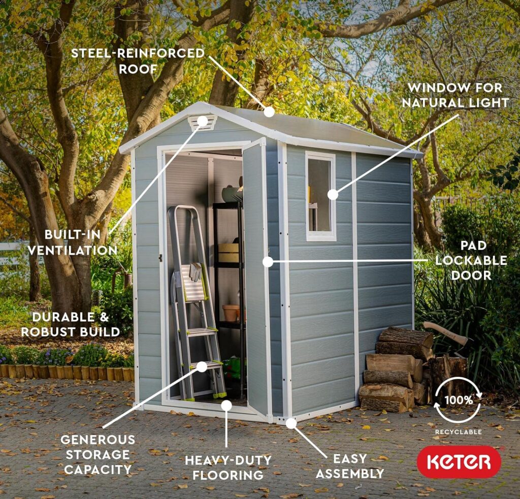 Keter Manor 4x6 Resin Outdoor Storage Shed Kit-Perfect to Store Patio Furniture, Garden Tools Bike Accessories, Beach Chairs and Lawn Mower, Grey  White