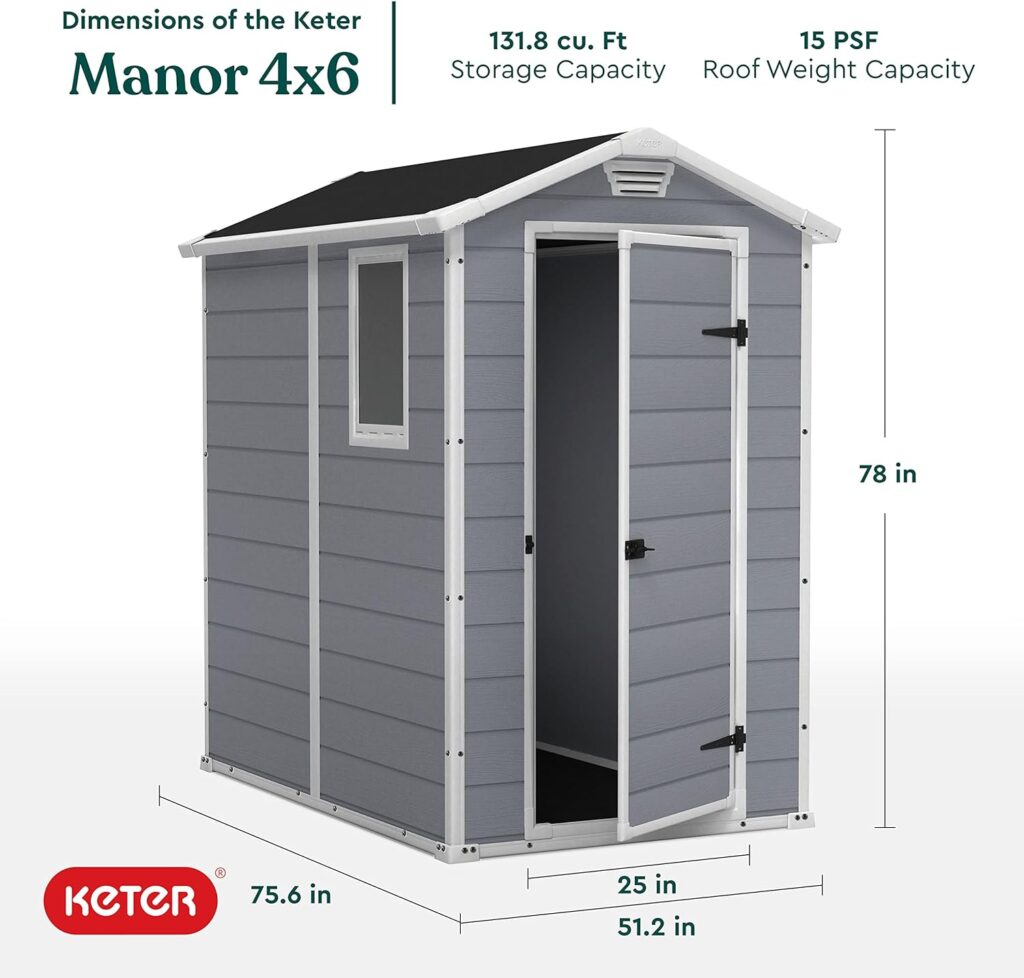 Keter Manor 4x6 Resin Outdoor Storage Shed Kit-Perfect to Store Patio Furniture, Garden Tools Bike Accessories, Beach Chairs and Lawn Mower, Grey  White