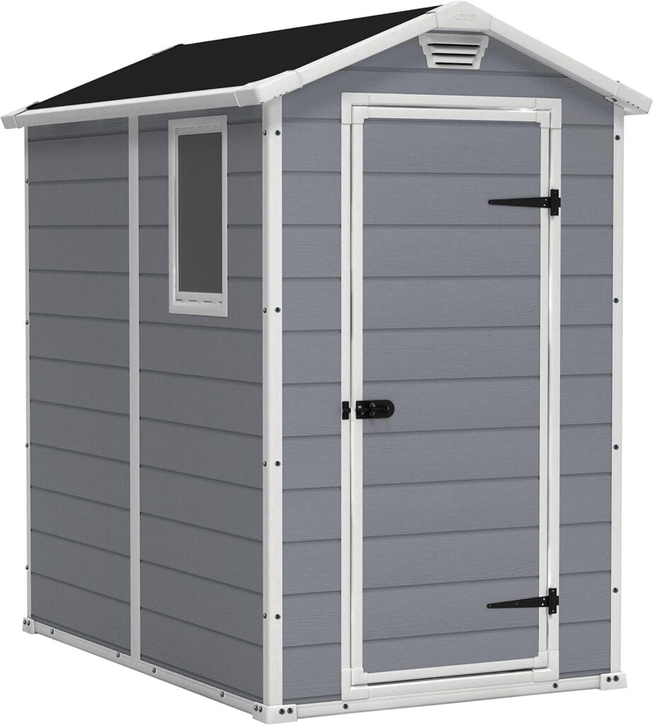 Keter Manor 4x6 Resin Outdoor Storage Shed Kit-Perfect to Store Patio Furniture, Garden Tools Bike Accessories, Beach Chairs and Lawn Mower, Grey  White