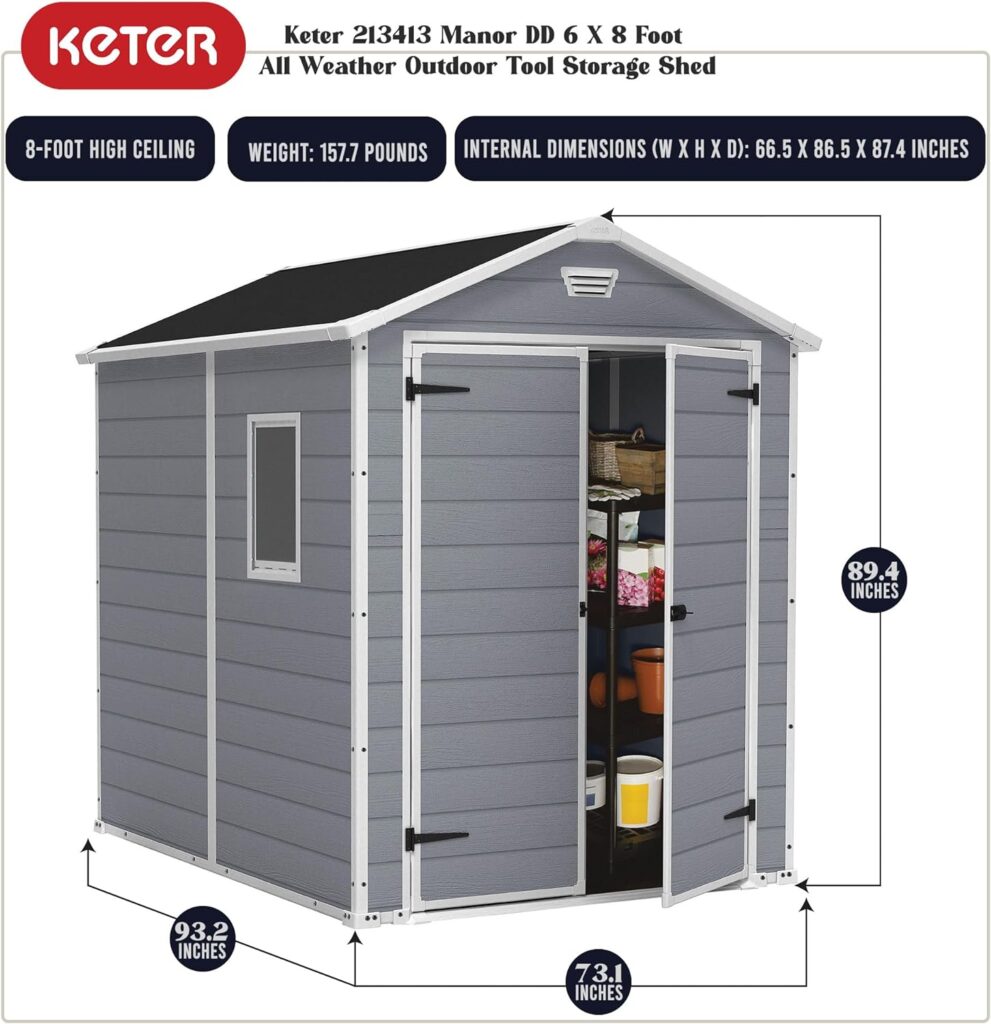 Keter Manor 6 x 8 Foot All Weather Garden Tool Outdoor Storage Shed with Lockable Double Doors, Fixed Window and Wood-Look Plastic Walls, Gray