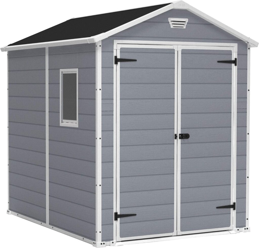 Keter Manor 6 x 8 Foot All Weather Garden Tool Outdoor Storage Shed with Lockable Double Doors, Fixed Window and Wood-Look Plastic Walls, Gray