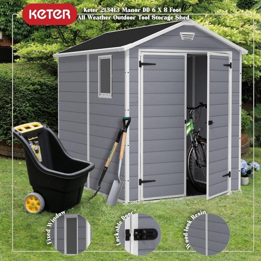 Keter Manor 6 x 8 Foot All Weather Garden Tool Outdoor Storage Shed with Lockable Double Doors, Fixed Window and Wood-Look Plastic Walls, Gray