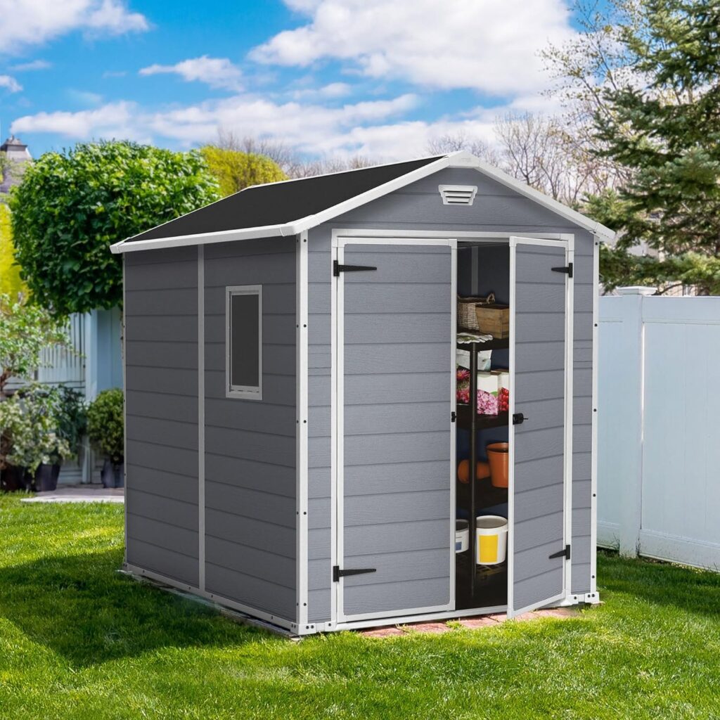 Keter Manor 6 x 8 Foot All Weather Garden Tool Outdoor Storage Shed with Lockable Double Doors, Fixed Window and Wood-Look Plastic Walls, Gray