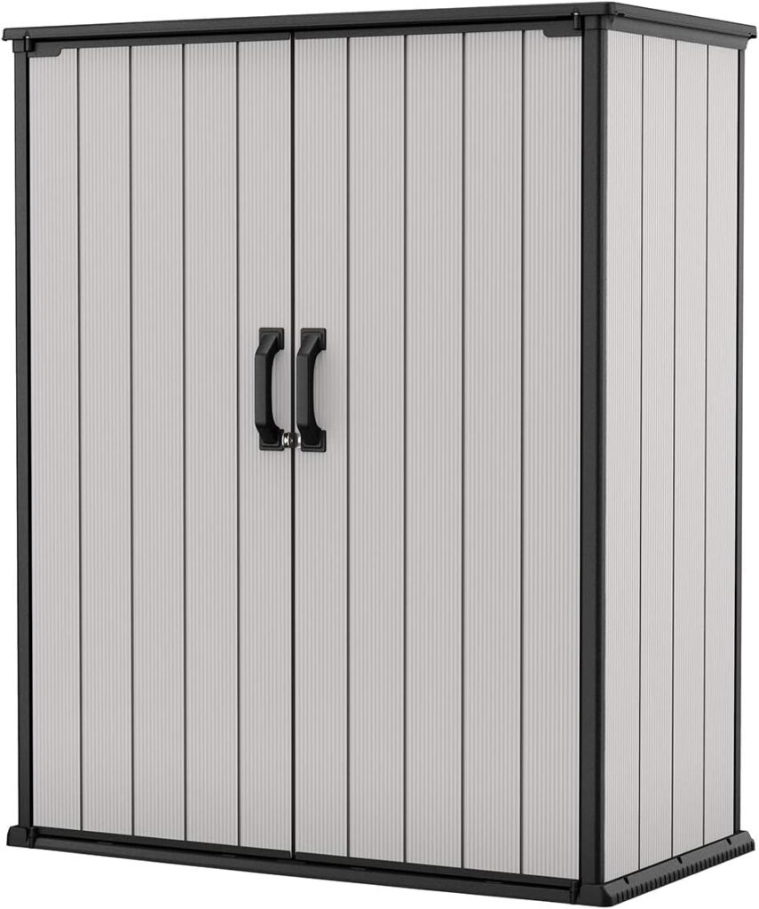 Keter Premier Tall Resin Outdoor Storage Shed with Shelving Brackets for Patio Furniture, Pool Accessories, and Bikes, Grey  Black