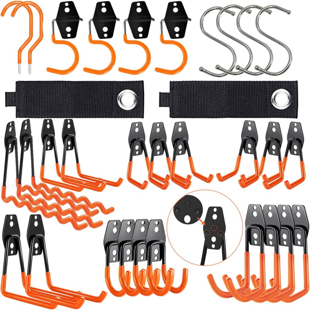 laofeei Garage Hooks Heavy Duty 32 Pack,Garage Wall Hooks,Garage Hooks with Extra Enchancing Welding Spot for Bike Hooks for Garage Wall Mount for Chair,Shovel,Ladder,Bicycle,Garden Tools(Orange)