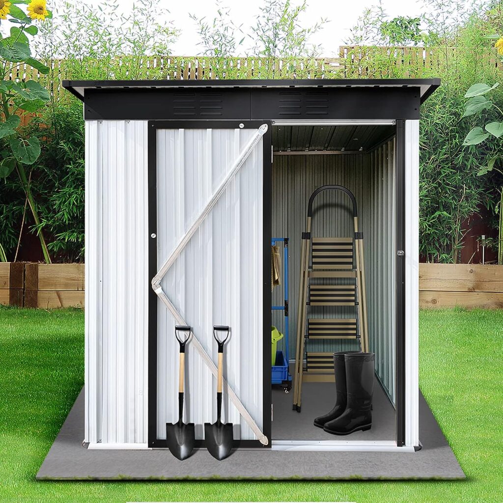 Lyromix 5 × 3 Metal Outdoor Storage Shed with Door  Lock, Waterproof Garden Storage Tool Shed for Backyard Patio,White-Black