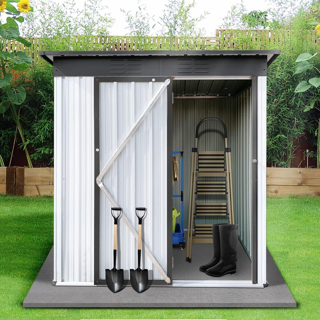 Lyromix 5 × 3 Metal Outdoor Storage Shed with Door  Lock, Waterproof Garden Storage Tool Shed for Backyard Patio,White-Black