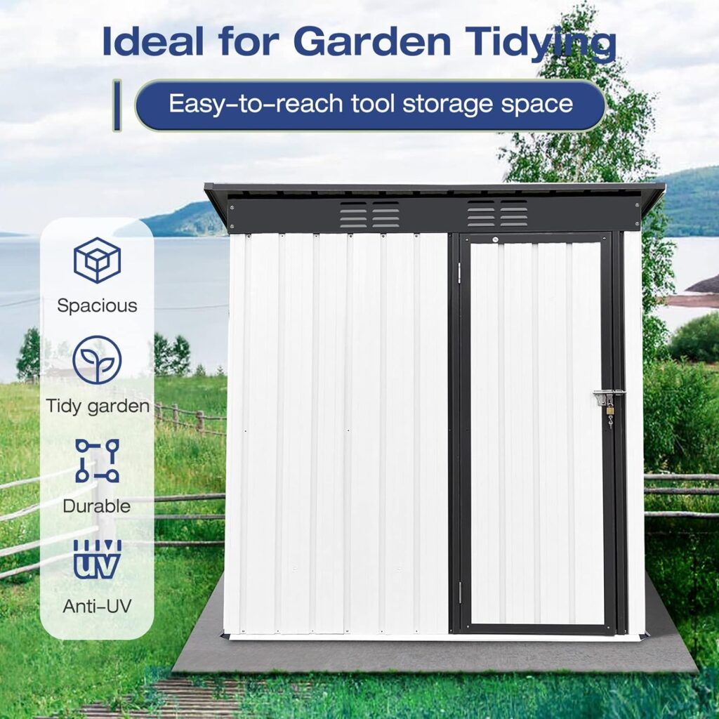 Lyromix 5 × 3 Metal Outdoor Storage Shed with Door  Lock, Waterproof Garden Storage Tool Shed for Backyard Patio,White-Black