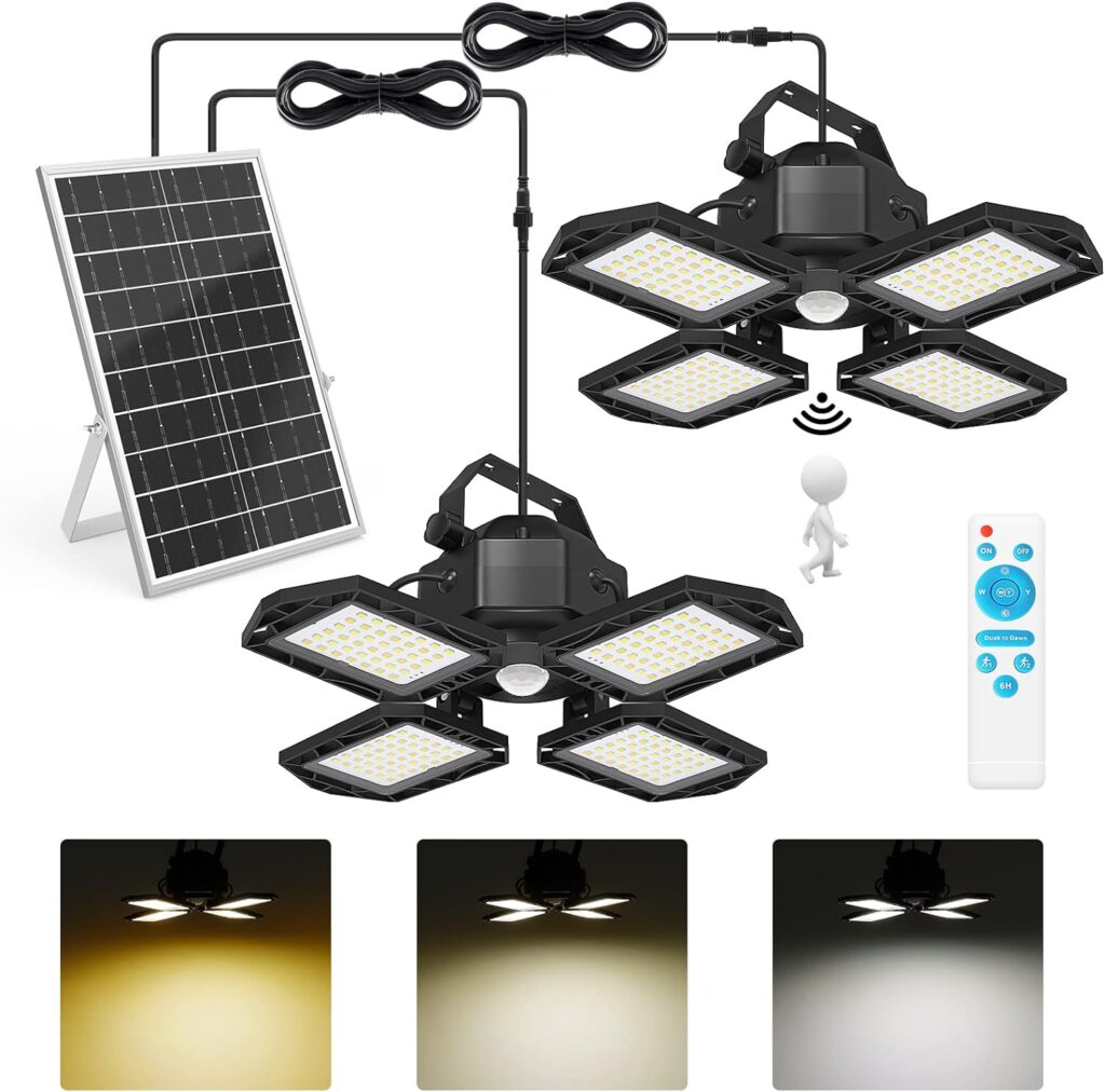 NIORSUN Solar Outdoor Lights Solar Lights Indoor Motion Sensor Pendant Light 3 Colors 4-Leaf 4 Modes with Remote, 2x16.4ft Wire Waterproof Security Lamp for Garage Shed Home Barn Shop Gazebo(2 Pack)