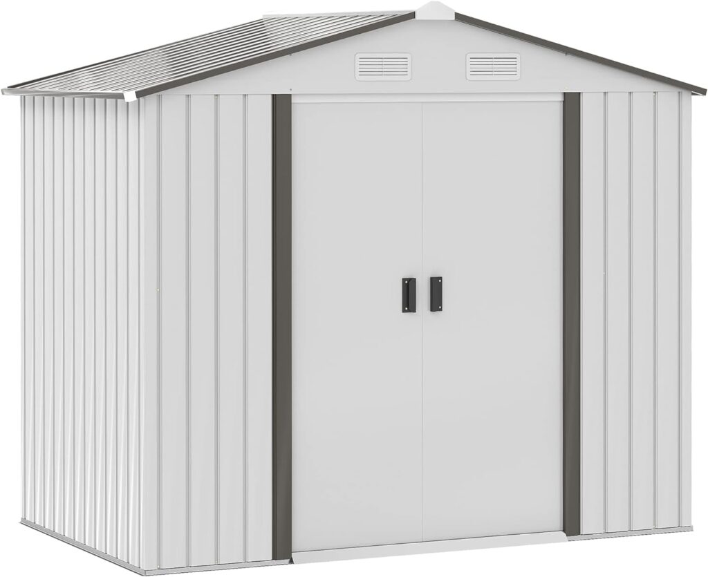 Outsunny 7 x 4 Outdoor Storage Shed Organizer, Garden Tool House with Floor Foundation, 4 Vents and 2 Easy Sliding Doors for Backyard, Patio, Garage, Lawn, White