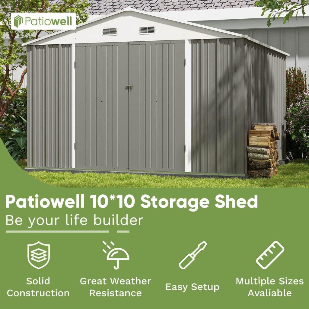 Patiowell 6x4 FT Outdoor Storage Shed, Garden Tool Storage Shed with Sloping Roof and Double Lockable Door, Outdoor Shed for Garden Backyard Patio Lawn, Brown