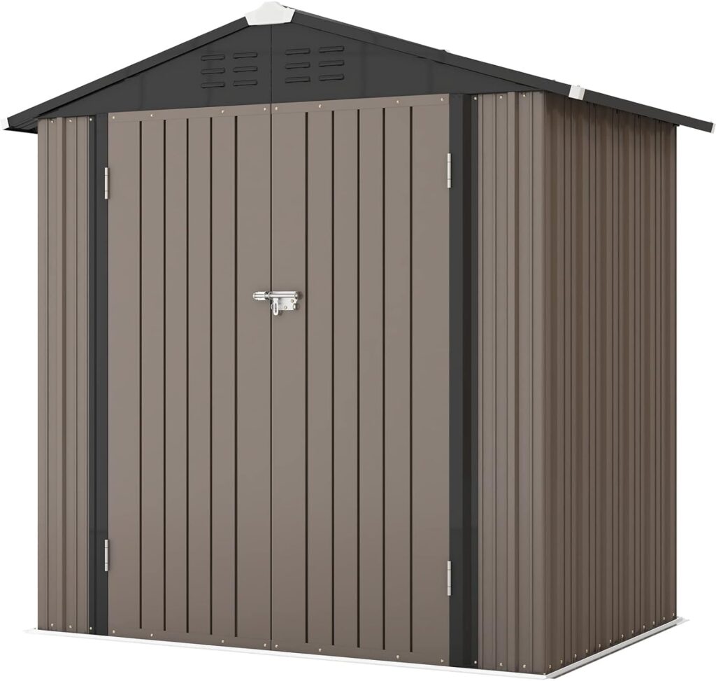 Patiowell 6x4 FT Outdoor Storage Shed, Garden Tool Storage Shed with Sloping Roof and Double Lockable Door, Outdoor Shed for Garden Backyard Patio Lawn, Brown