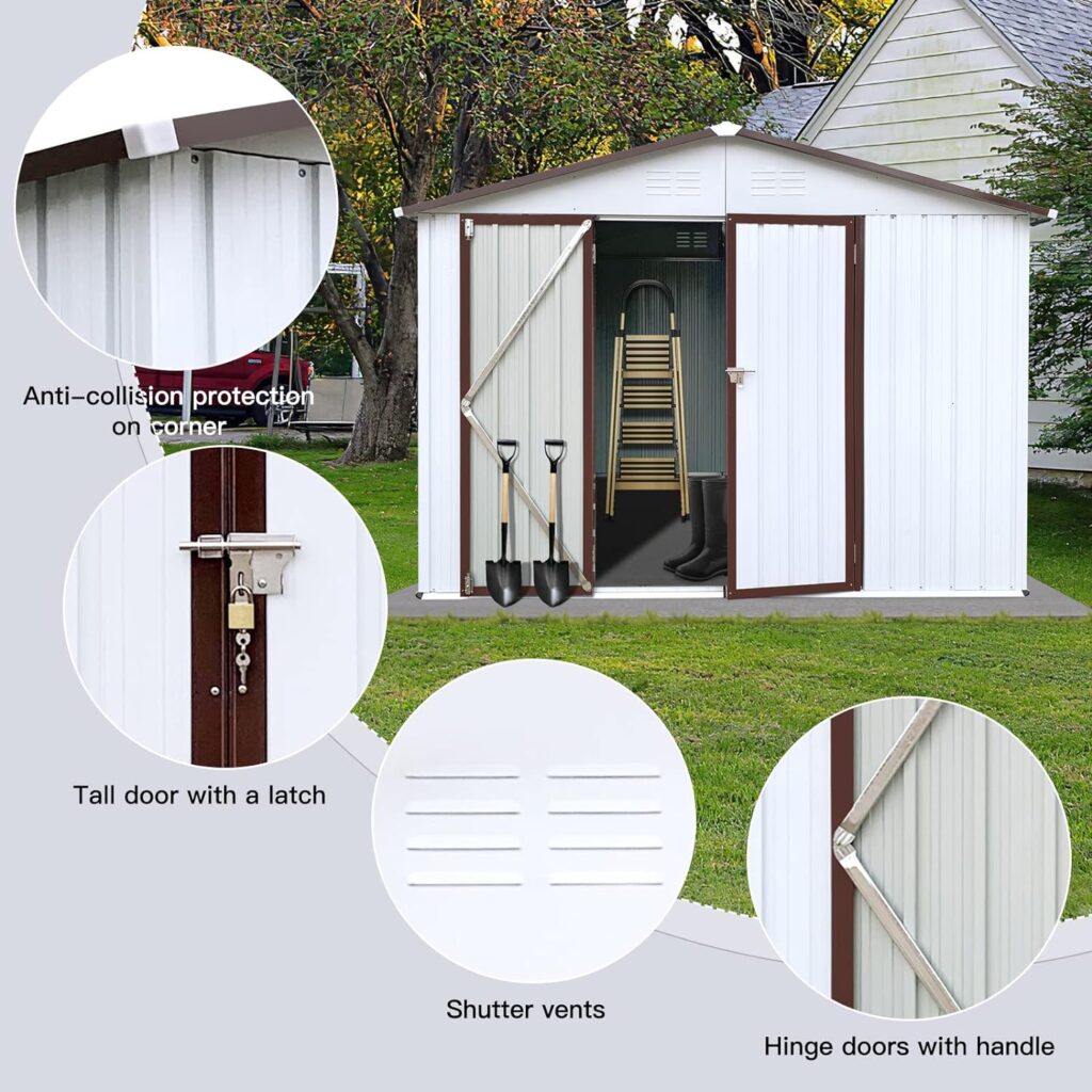 RITSU 6Ft x 8Ft Metal Sheds  Outdoor Storage Clearance, Outdoor Storage Cabinet with Lockable Double Doors  Shutter Vents for Backyard Patio Lawn, White+Coffee