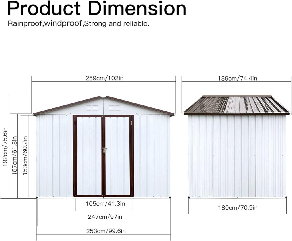 RITSU 6Ft x 8Ft Metal Sheds  Outdoor Storage Clearance, Outdoor Storage Cabinet with Lockable Double Doors  Shutter Vents for Backyard Patio Lawn, White+Coffee