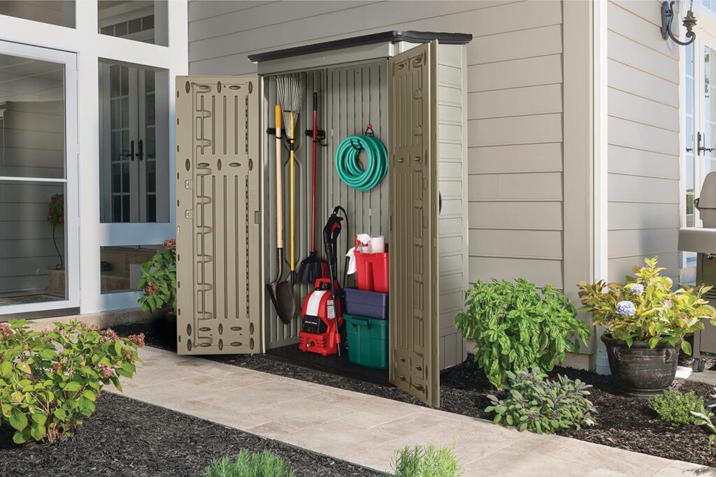 Rubbermaid Outdoor Small Vertical Resin Storage Shed, 5x2 Feet, Brown, Weather Resistant Utility Shed with Lock for Storage for Lawn Accessories/Power Tools/Outdoor Toys/Hose