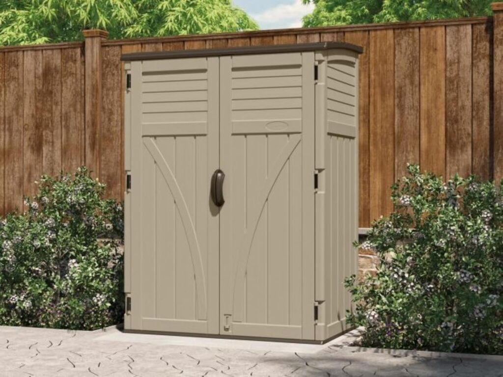 Suncast 54 Cubic Ft. Vertical Resin Outdoor Storage Shed, Sand, 52” x 32.5” x 71.5, Brown