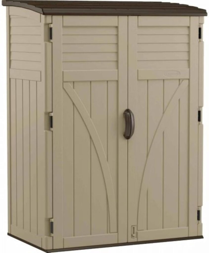 Suncast 54 Cubic Ft. Vertical Resin Outdoor Storage Shed, Sand, 52” x 32.5” x 71.5, Brown