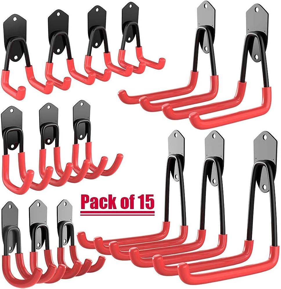 TORACK Garage Hooks Heavy Duty, 15 Pack Wall Mount Steel Utility HooksHangers, Anti-Slip Rubber Coated, Garage Storage Organizer for Garden Tools, Power Tools, Ladders, Brooms, Bikes, Bulk Items