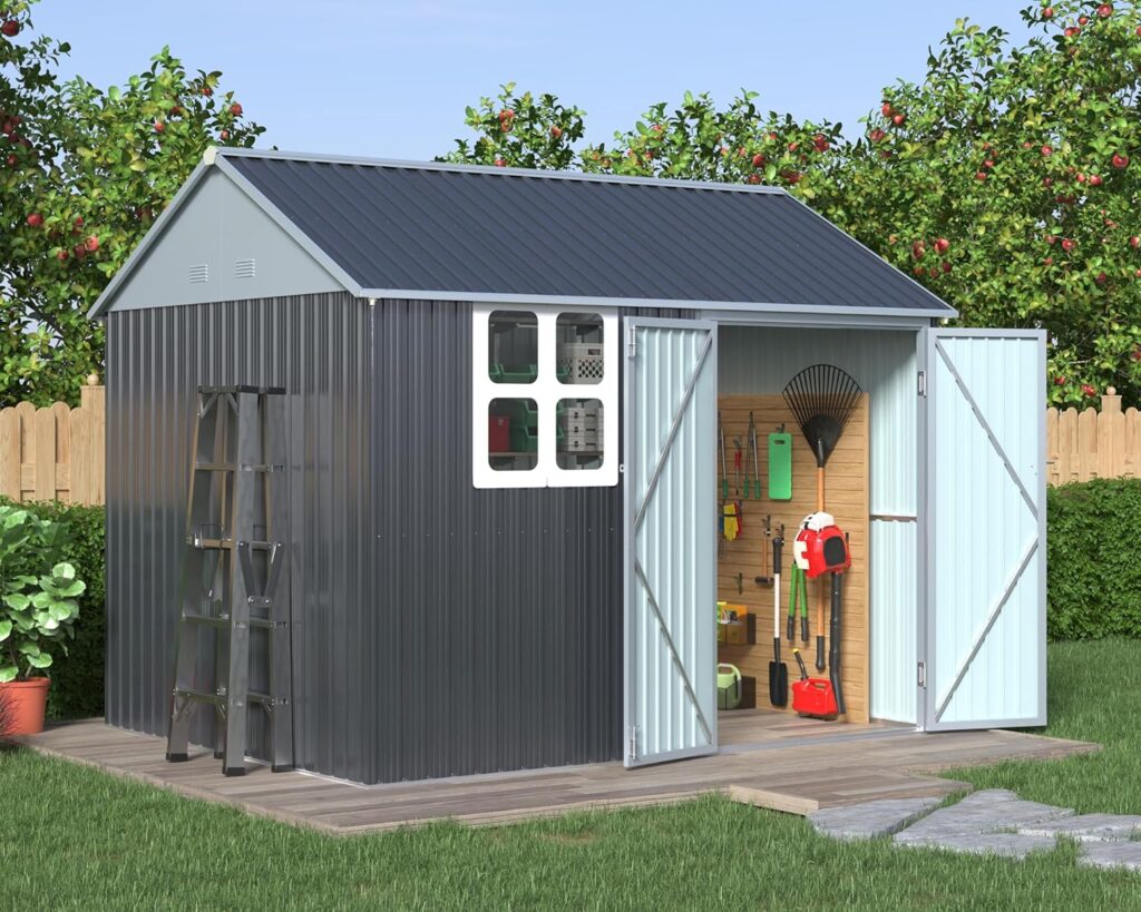 VanAcc 10x8x8 FT Outdoor Storage Shed Nordic Cottage Shed 4-pane Window Double Lockable Hinged Doors Metal Garden House for Backyard Garden Patio Lawn Dark Grey/White