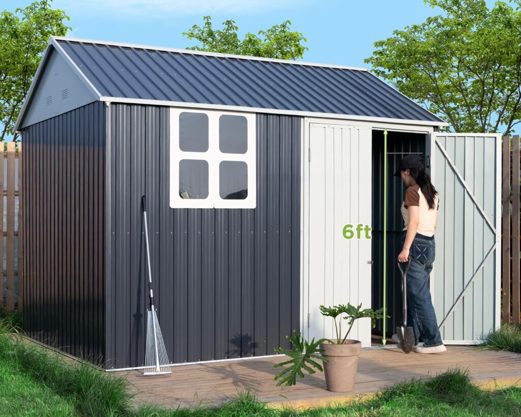 VanAcc 10x8x8 FT Outdoor Storage Shed Nordic Cottage Shed 4-pane Window Double Lockable Hinged Doors Metal Garden House for Backyard Garden Patio Lawn Dark Grey/White