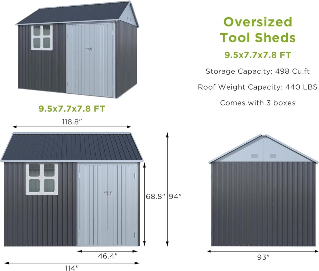 VanAcc 10x8x8 FT Outdoor Storage Shed Nordic Cottage Shed 4-pane Window Double Lockable Hinged Doors Metal Garden House for Backyard Garden Patio Lawn Dark Grey/White