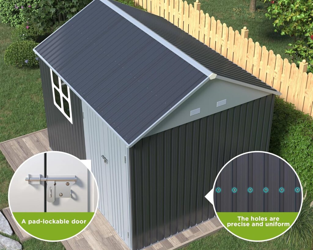 VanAcc 10x8x8 FT Outdoor Storage Shed Nordic Cottage Shed 4-pane Window Double Lockable Hinged Doors Metal Garden House for Backyard Garden Patio Lawn Dark Grey/White